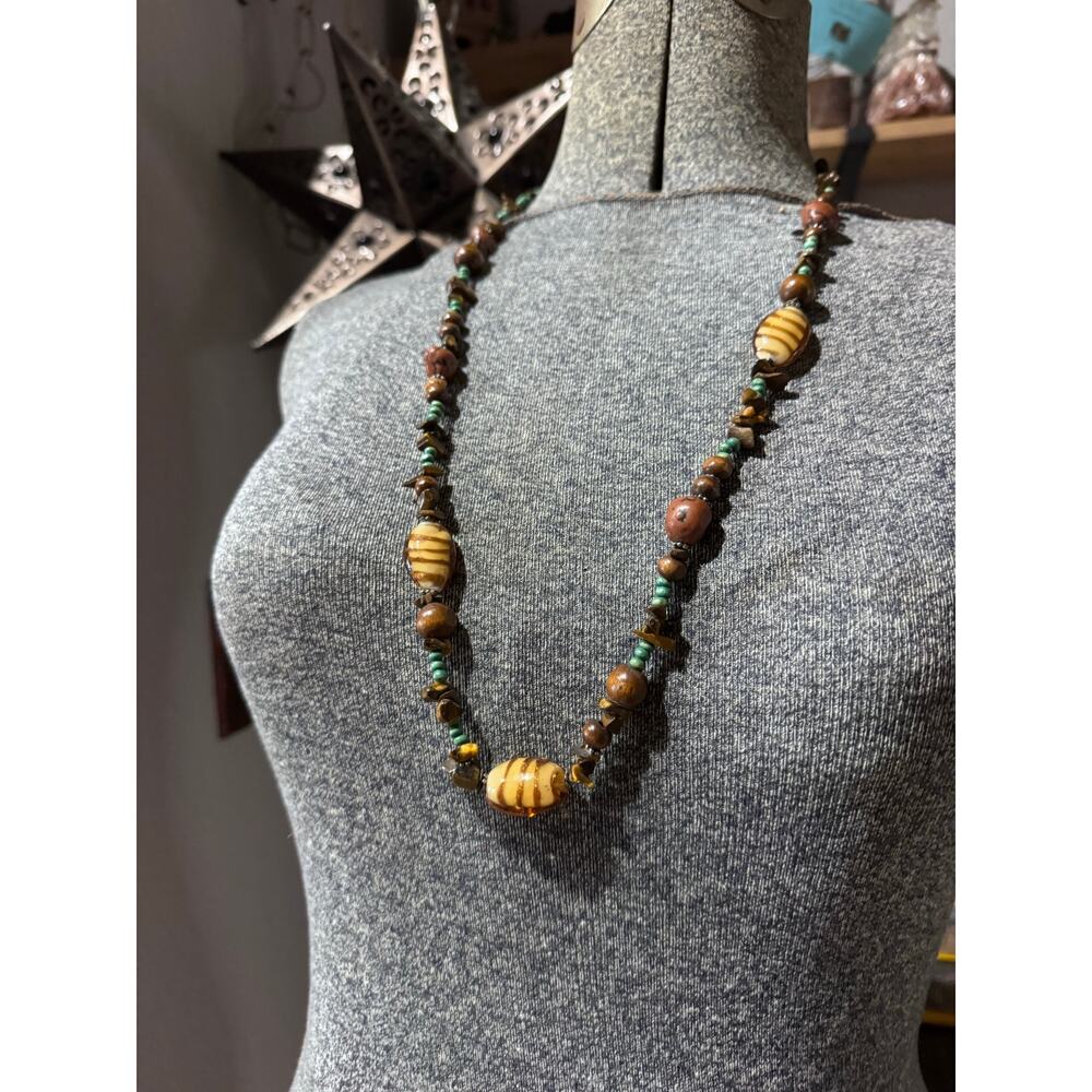 EsMor Boho Statement Necklace – Earthy Wood & Turquoise Accents